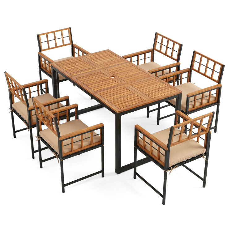 7-Piece Outdoor Dining Set with Acacia Wood Table & Chairs and Umbrella Hole