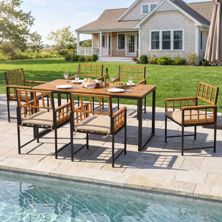 7-Piece Outdoor Dining Set with Acacia Wood Table & Chairs and Umbrella Hole - Image 6