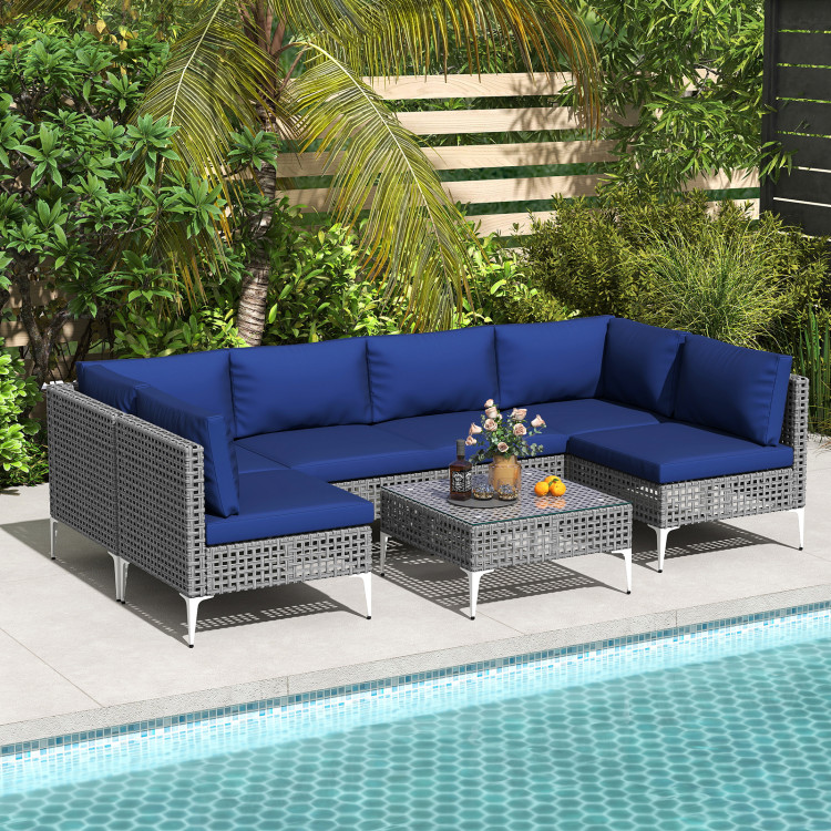 7 Piece Outdoor Furniture Set Wicker Chairs with Tempered Glass Coffee Table - Image 2