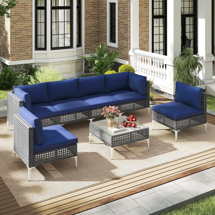 7 Piece Outdoor Furniture Set Wicker Chairs with Tempered Glass Coffee Table - Image 3