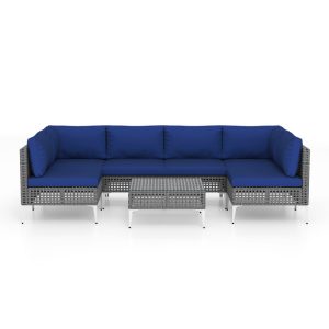 7 Piece Outdoor Furniture Set Wicker Chairs with Tempered Glass Coffee Table