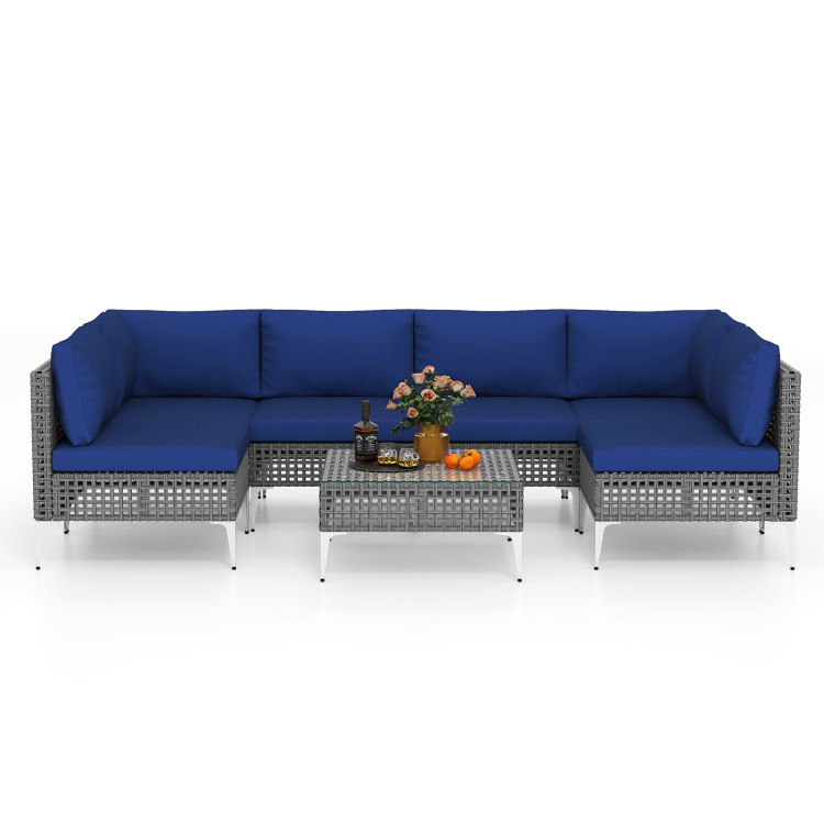 7 Piece Outdoor Furniture Set Wicker Chairs with Tempered Glass Coffee Table - Image 4