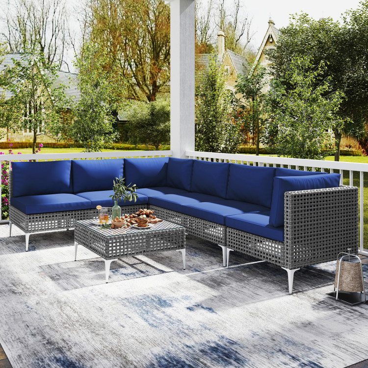 7 Piece Outdoor Furniture Set Wicker Chairs with Tempered Glass Coffee Table - Image 8