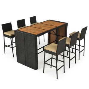 7-Piece Outdoor PE Wicker Bar Set with Bar Height Table and 6 Cushioned Stools for Yard