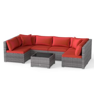 7-Piece PE Rattan Patio Set with Glass Table & Soft Cushions for Outdoor