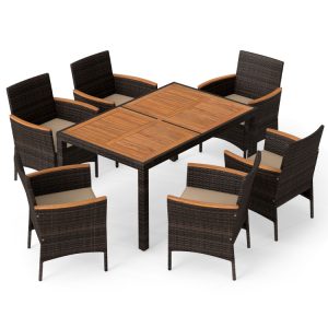 7-Piece Patio Dining Set with Wood Tabletop and Padded Cushion for Backyard