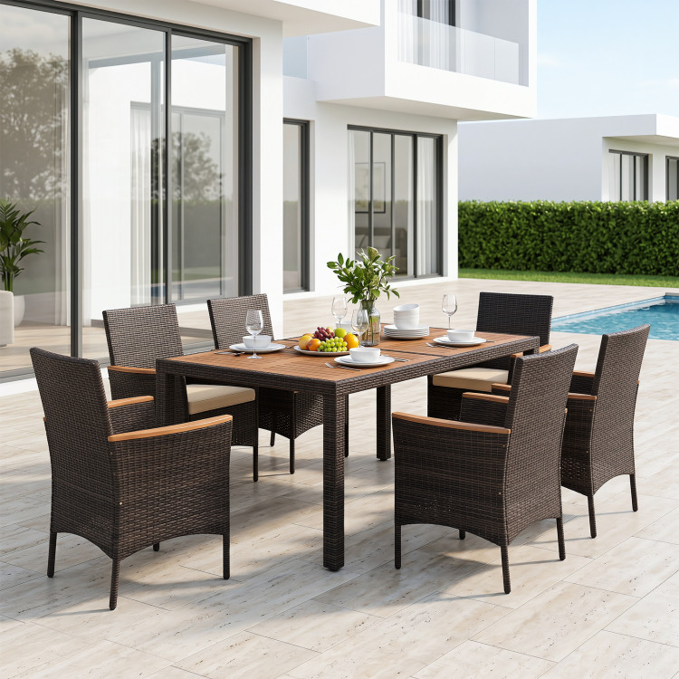 7-Piece Patio Dining Set with Wood Tabletop and Padded Cushion for Backyard - Image 6