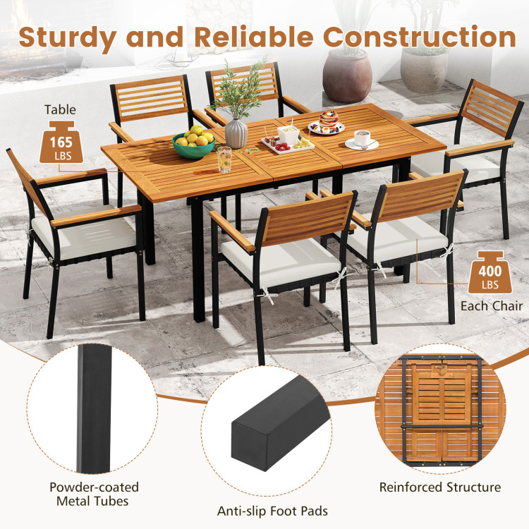7-Piece Patio Dining Set Wood Metal with Seat Cushions and Umbrella Hole - Image 8