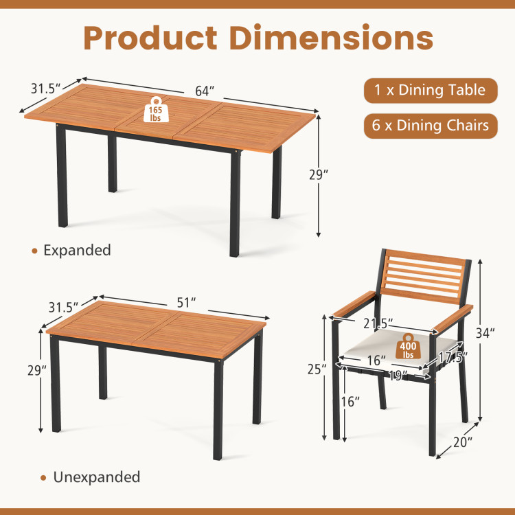 7-Piece Patio Dining Set Wood Metal with Seat Cushions and Umbrella Hole - Image 5
