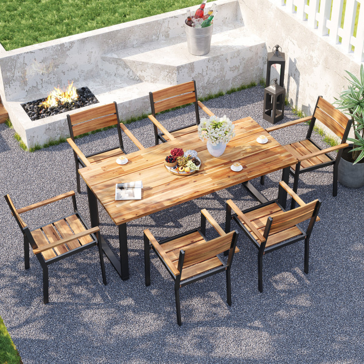 7 Pieces Acacia Wood Patio Dining Set with Metal Frame and 2 Inches Umbrella Hole - Image 2