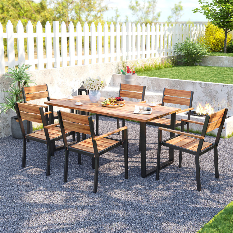 7 Pieces Acacia Wood Patio Dining Set with Metal Frame and 2 Inches Umbrella Hole - Image 3