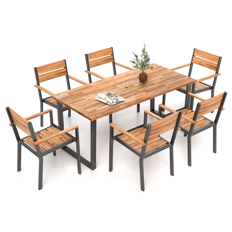 7 Pieces Acacia Wood Patio Dining Set with Metal Frame and 2 Inches Umbrella Hole - Image 4