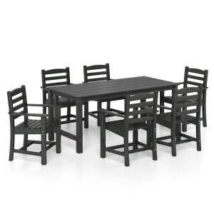 7 Pieces Outdoor Dining Table Set for 6 People 67 Inch HDPE Patio Rectangle Table and 6 Armchairs