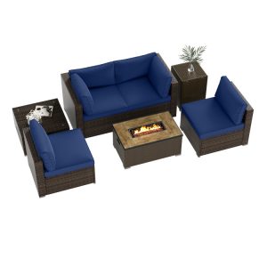 7 Pieces Outdoor Furniture Set with 32 Inch Fire Pit Table and Propane Tank Cover