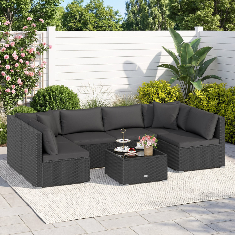 7 Pieces Sectional Wicker Furniture Sofa Set with Tempered Glass Top Coffee Table - Image 2