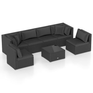 7 Pieces Sectional Wicker Furniture Sofa Set with Tempered Glass Top Coffee Table