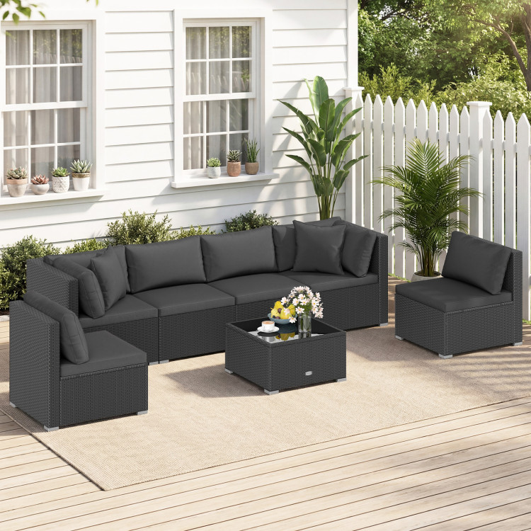 7 Pieces Sectional Wicker Furniture Sofa Set with Tempered Glass Top Coffee Table - Image 6