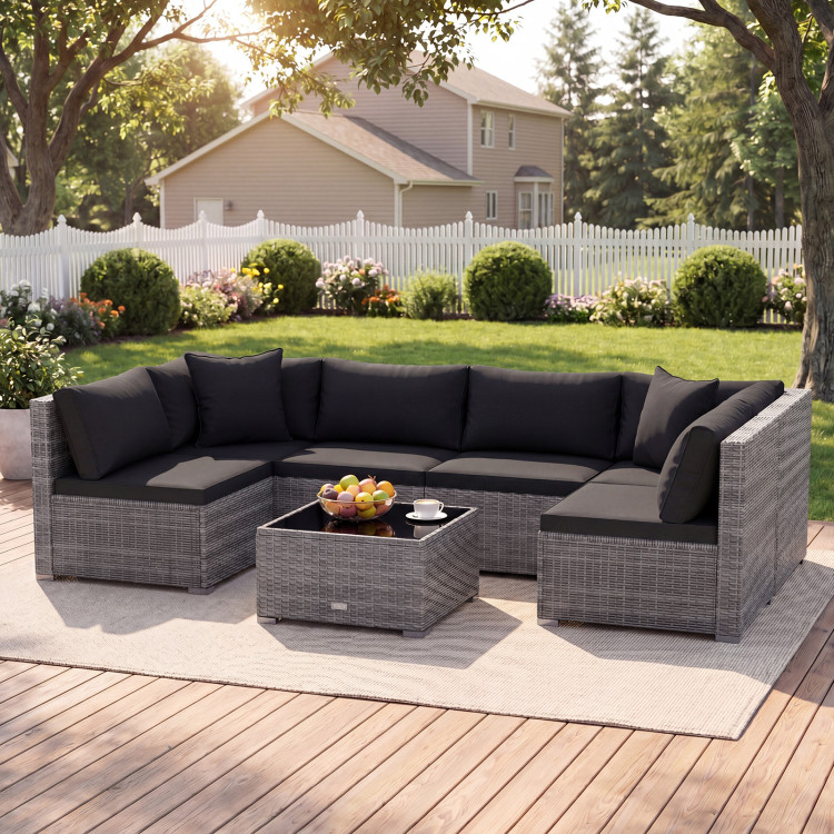 7 Pieces Patio Rattan Furniture Set with Sectional Sofa Cushioned - Image 7