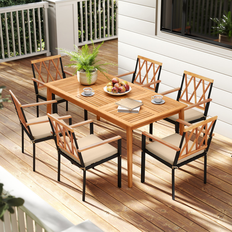 7 Piece Patio Acacia Wood Dining Set Solid Wooden Dining Furniture with Umbrella Hole - Image 2