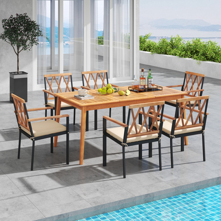 7 Piece Patio Acacia Wood Dining Set Solid Wooden Dining Furniture with Umbrella Hole - Image 3