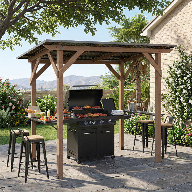 8.6 FT x 5 FT Grill Gazebo Cedar Wood BBQ Gazebo with 2 Side Serving Shelves - Image 2