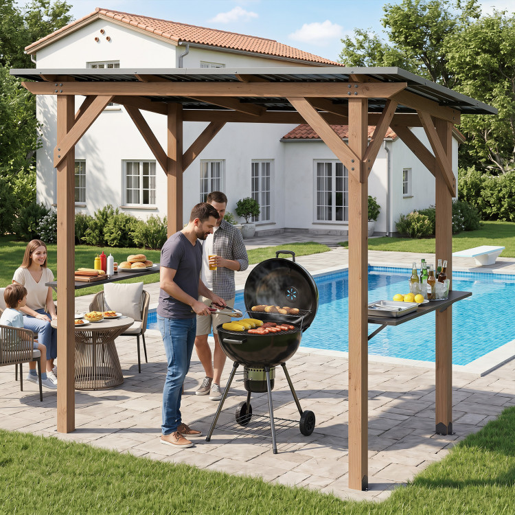 8.6 FT x 5 FT Grill Gazebo Cedar Wood BBQ Gazebo with 2 Side Serving Shelves - Image 3