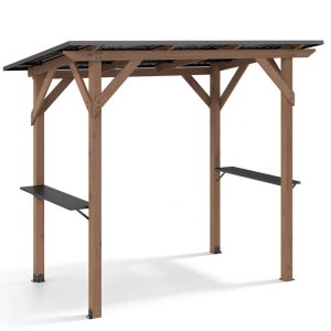 8.6 FT x 5 FT Grill Gazebo Cedar Wood BBQ Gazebo with 2 Side Serving Shelves