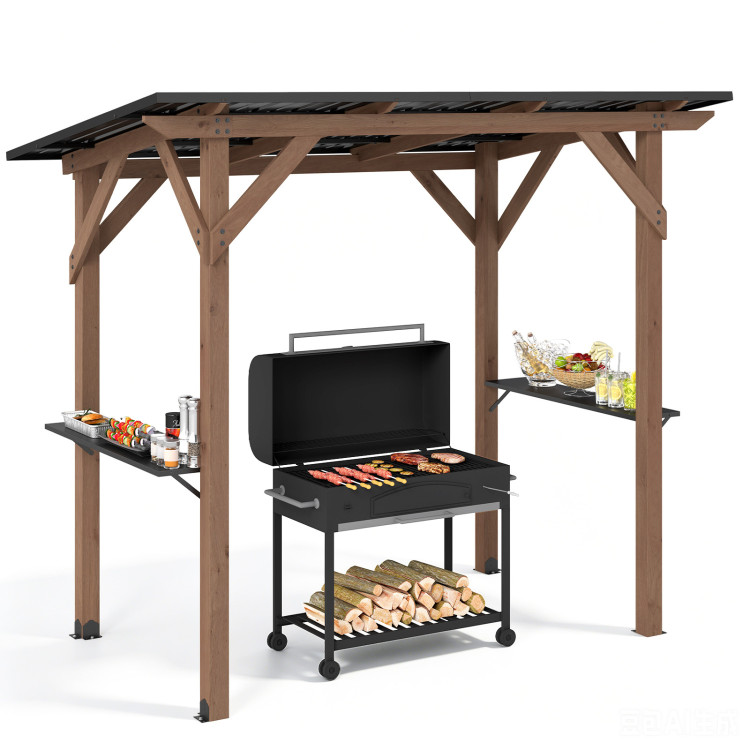8.6 FT x 5 FT Grill Gazebo Cedar Wood BBQ Gazebo with 2 Side Serving Shelves - Image 4
