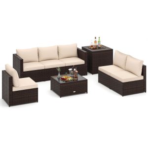 8 Piece Patio Furniture Set with Storage Box and Tempered Glass Coffee Table