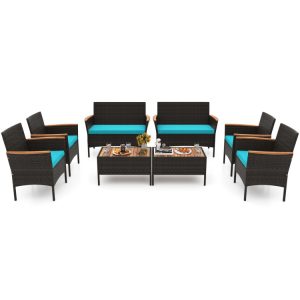 8 Piece Patio Wicker Sofa Set 4 Rattan Chairs and 2 Loveseat with 2 Table