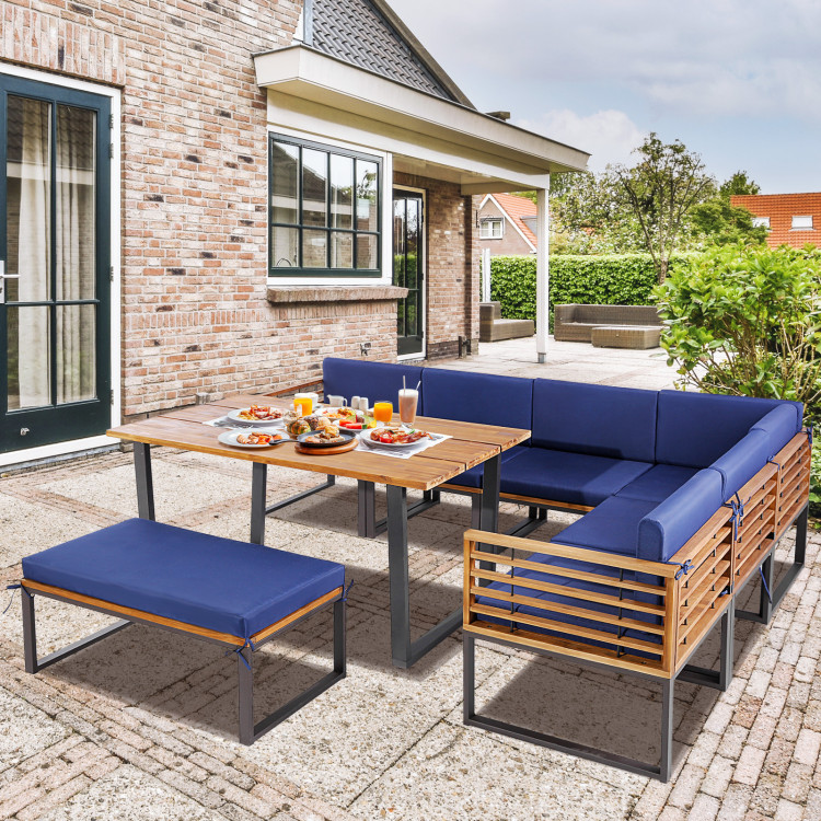 8 Pieces Patio Acacia Wood Dining Table Set with Ottoman Cushions - Image 2