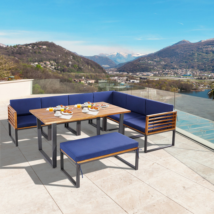 8 Pieces Patio Acacia Wood Dining Table Set with Ottoman Cushions - Image 3