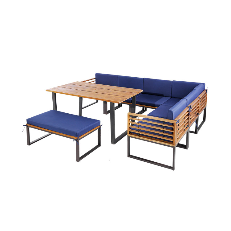 8 Pieces Patio Acacia Wood Dining Table Set with Ottoman Cushions