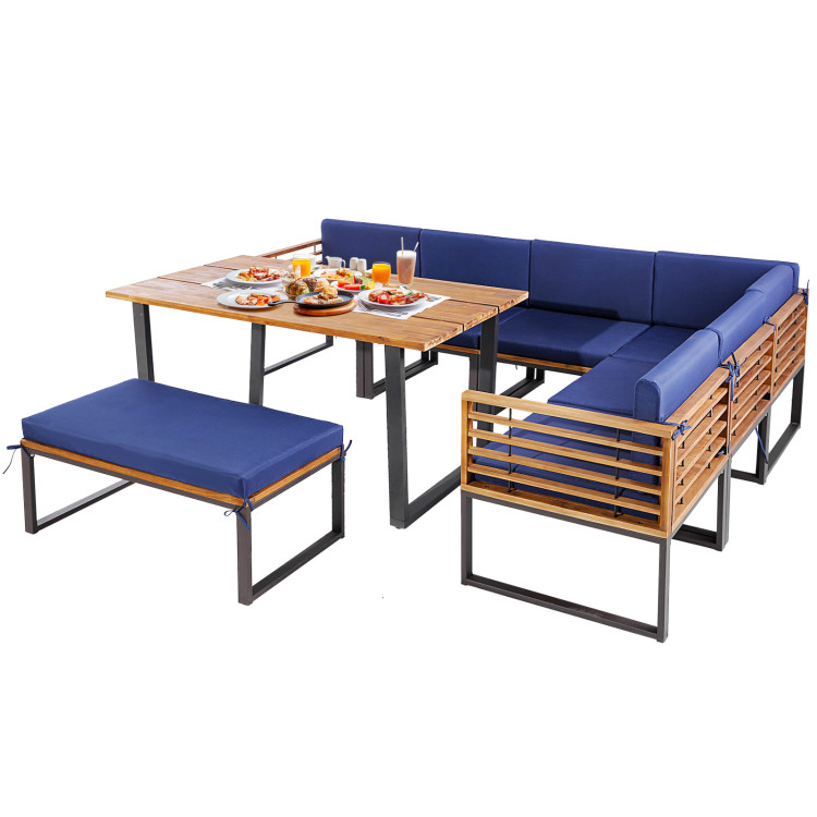 8 Pieces Patio Acacia Wood Dining Table Set with Ottoman Cushions - Image 4