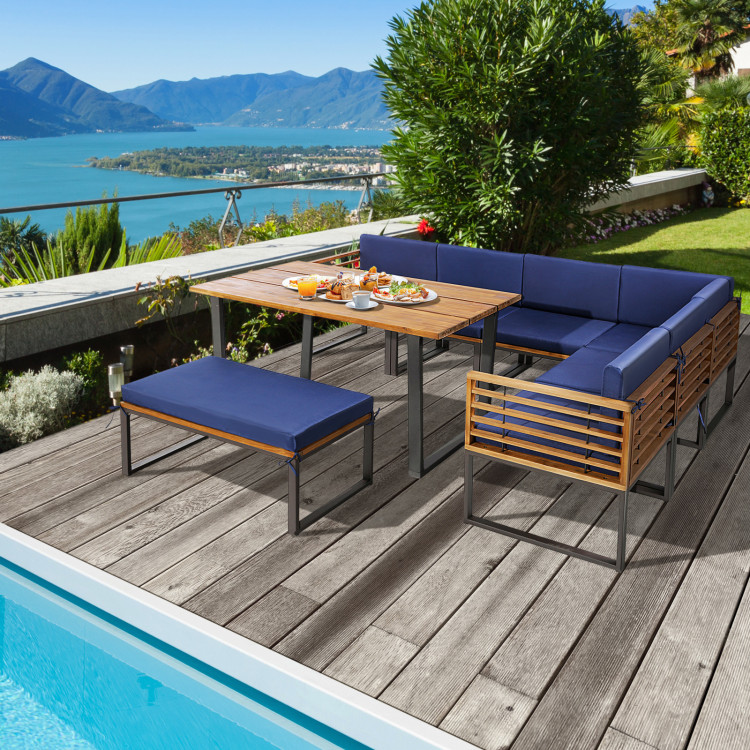 8 Pieces Patio Acacia Wood Dining Table Set with Ottoman Cushions - Image 7
