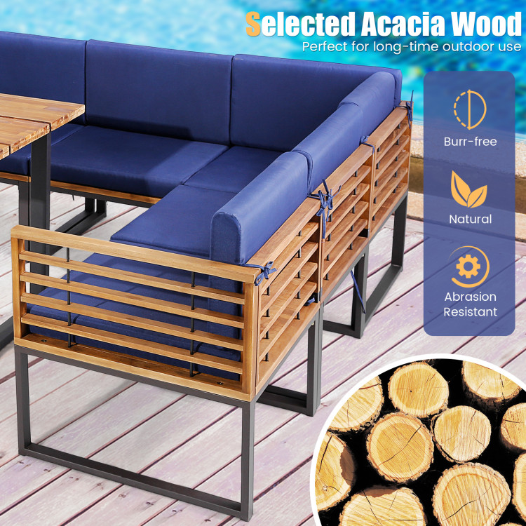 8 Pieces Patio Acacia Wood Dining Table Set with Ottoman Cushions - Image 8