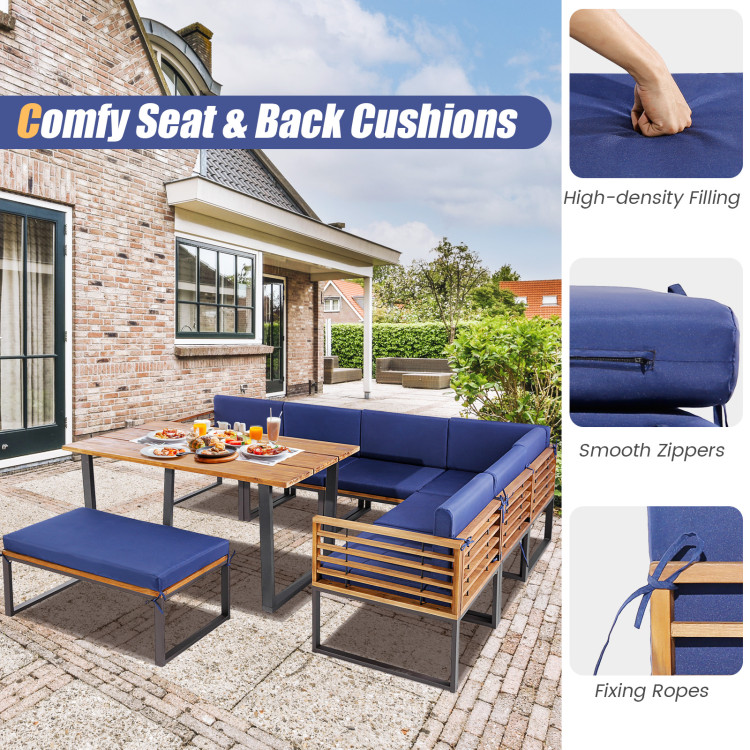 8 Pieces Patio Acacia Wood Dining Table Set with Ottoman Cushions - Image 9