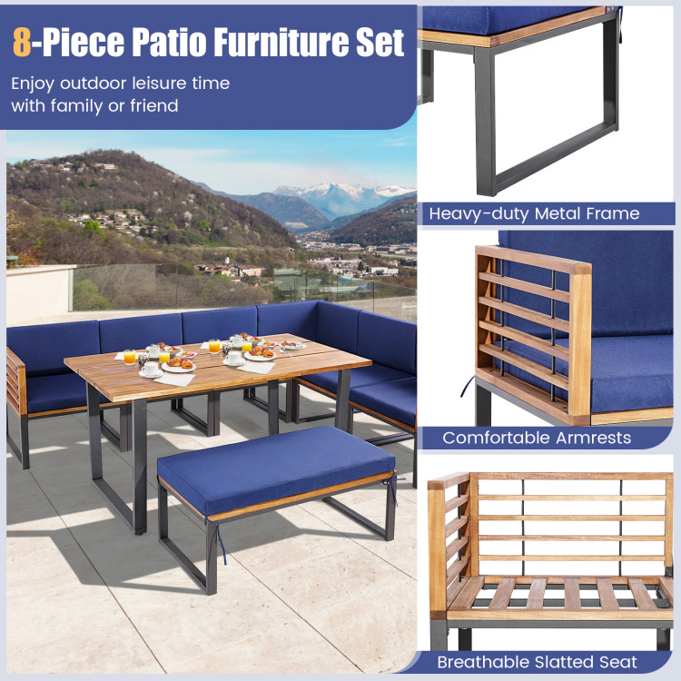 8 Pieces Patio Acacia Wood Dining Table Set with Ottoman Cushions - Image 10
