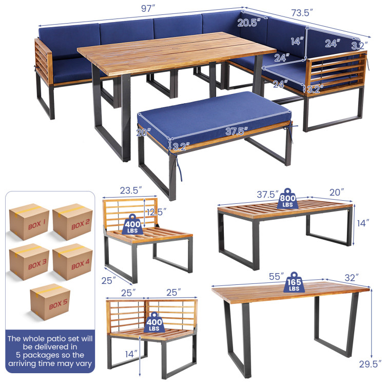 8 Pieces Patio Acacia Wood Dining Table Set with Ottoman Cushions - Image 5