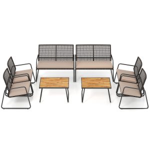 8 Pieces Patio Furniture Set with Acacia Wood Coffee Table and Zippered Cushions