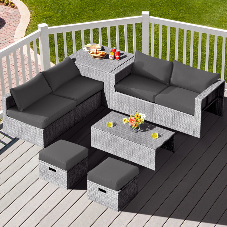 8 Pieces Patio Rattan Furniture Set with Storage Waterproof Cover and Cushion - Image 3