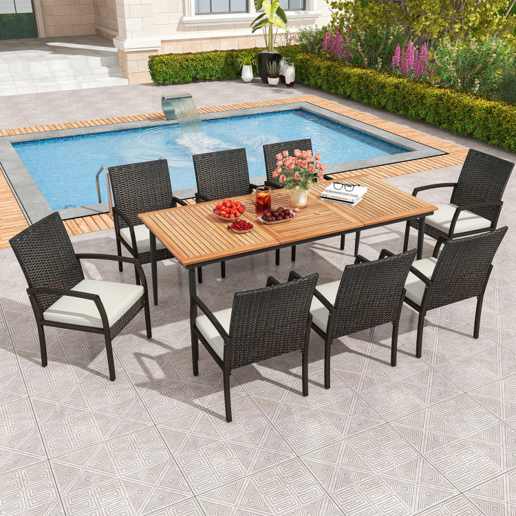 9-Piece Patio Dining Set with Umbrella Hole and 8 Rattan-woven Dining Chairs with Seat Cushions - Image 3