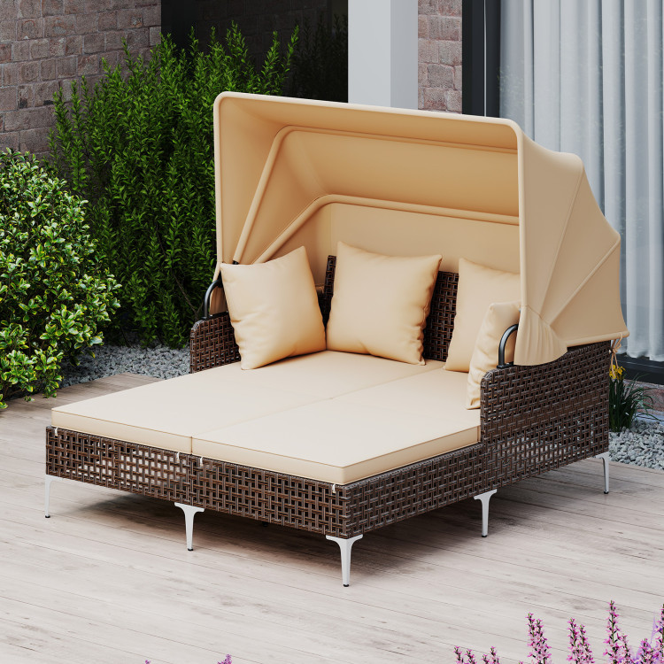 Outdoor Daybed with Retractable Canopy PE Wicker Rattan Patio Lounger - Image 2