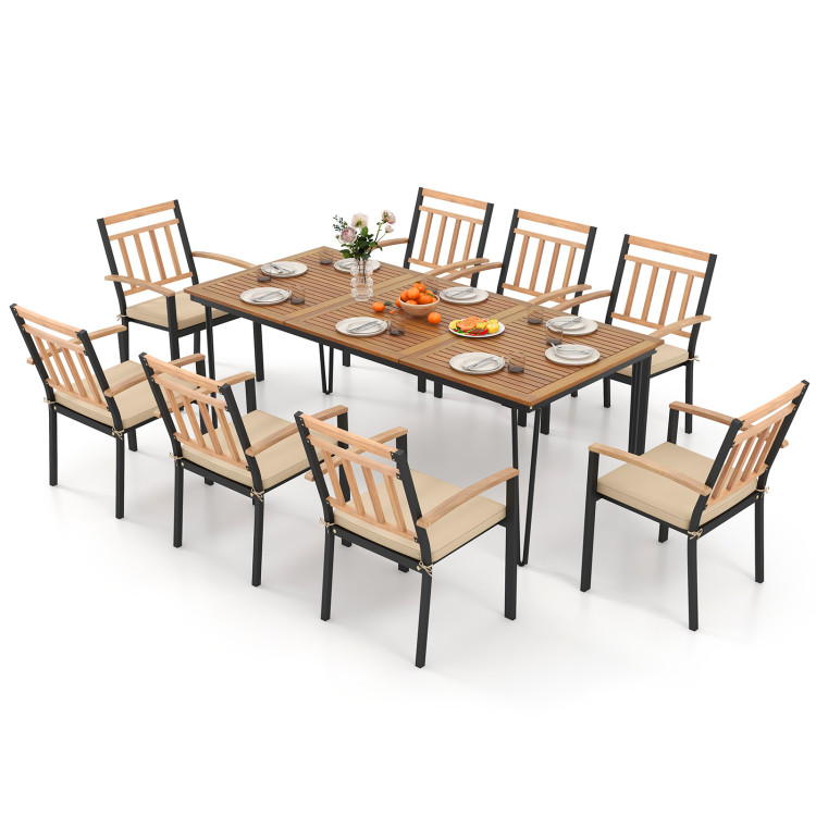 9-Piece Patio Dining Set 35.5 Inch Acacia Wood Table with Umbrella Hole and 24-Inch Wide Chairs - Image 4