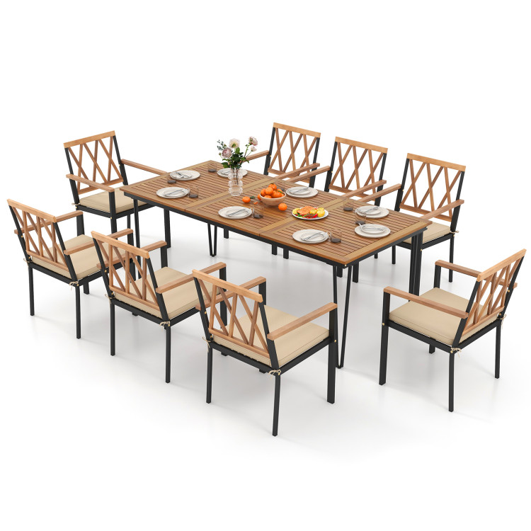 9-Piece Patio Dining Set 35.5 Inch Acacia Wood Table with Umbrella Hole and 22.5-Inch Wide Chairs - Image 4