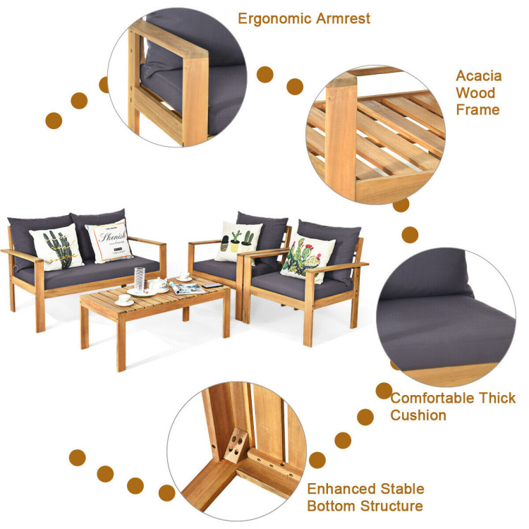 Outdoor 4 Pieces Acacia Wood Chat Set with Water Resistant Cushions - Image 10