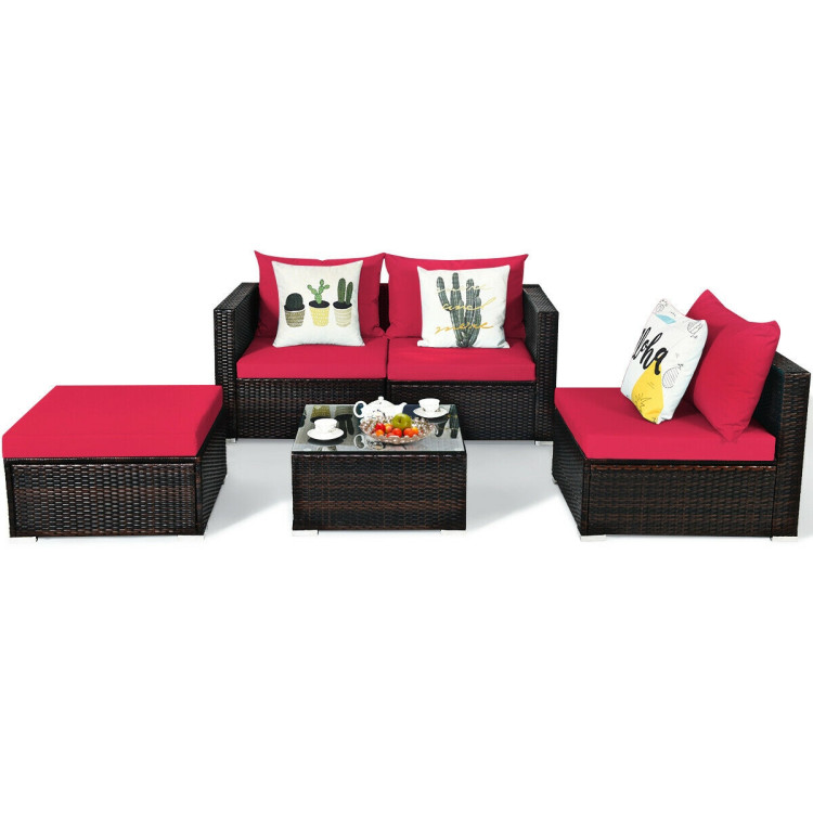 5 Pieces Patio Rattan Sectional Furniture Set with Cushions and Coffee Table - Image 9