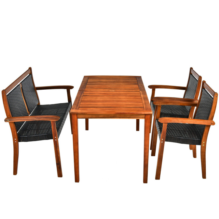 4 Pieces Acacia Wood Patio Rattan Dining Furniture Set - Image 7
