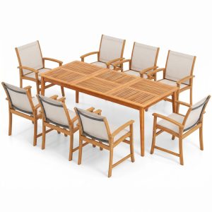 9-Piece Acacia Wood Outdoor Patio Dining Set with 80" Rectangular Table and Breathable Fabric Armchairs