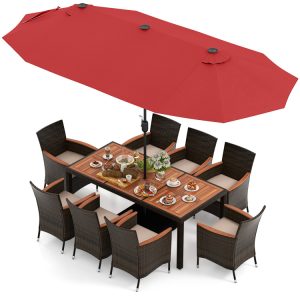 10 Piece Outdoor Dining Set with 15 Feet Double-Sided Twin Patio Umbrella